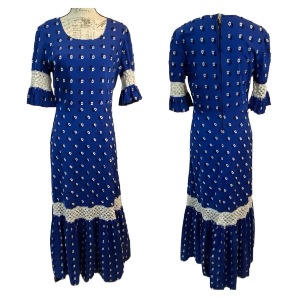 Vintage Handmade 60’s Cottagecore Maxi Dress‎ Crocheted Intricate Lace Swissdot
